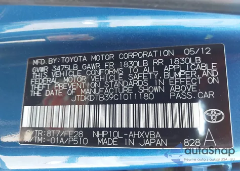 2012 Toyota Prius C One from USA, damaged, VIN JTDKDTB39C1011180